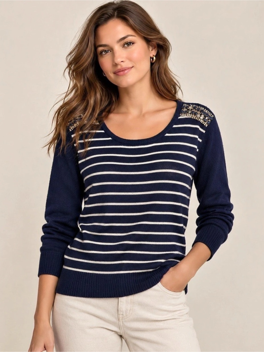 Boston Proper Navy Striped Embellished Shoulder Sweater in Blue & White Sz Small